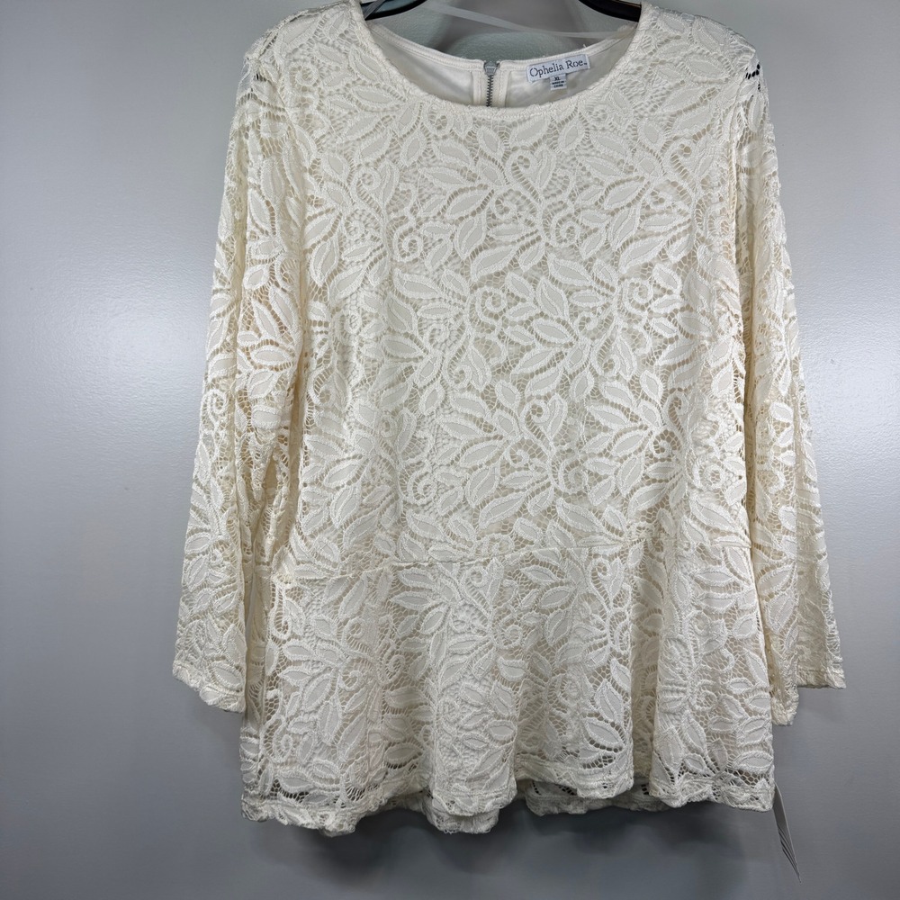Ophelia Roe Cream Floral Lace Top Peplum Blouse XL Romantic Cottagecore Back Zip